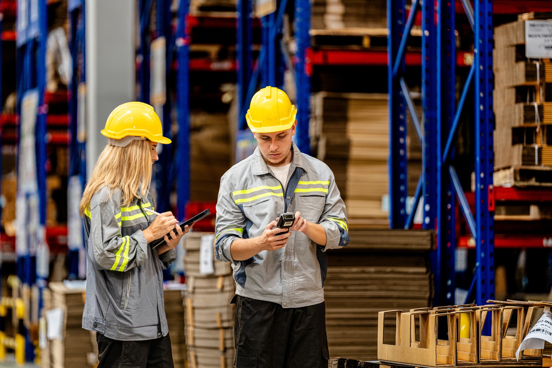 man and woman worker walking and checking stock for shipping. Female inspecting the store factory. Logistics employees holding folders at on site warehouse area for shipping transportation.